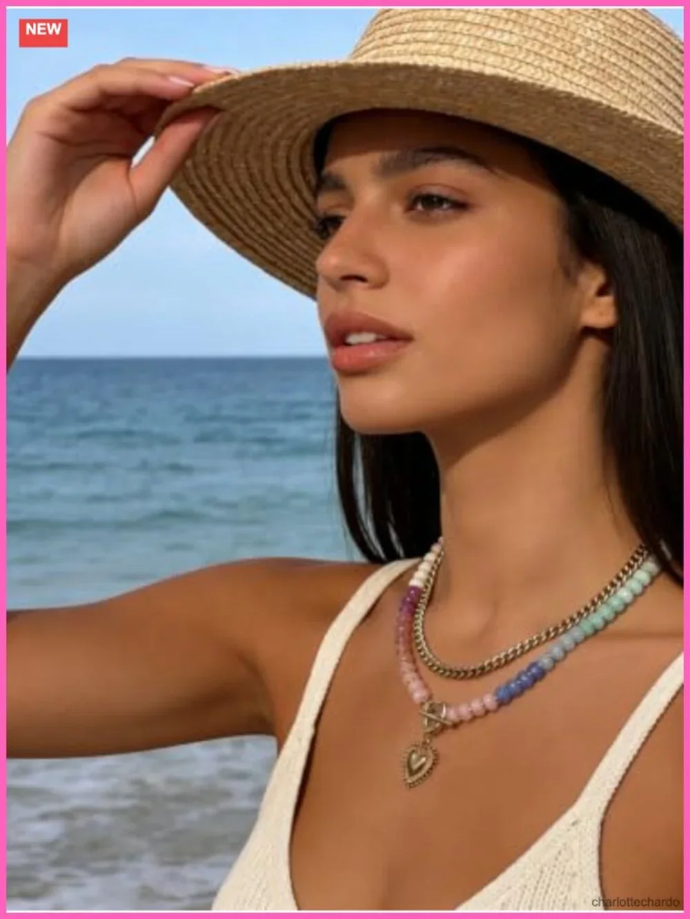 Layered Acrylic Bead Choker Necklace with 14k Gold Plated Heart Pendant for